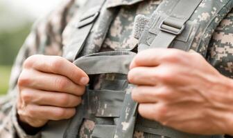 A soldier is adjusting his belt photo