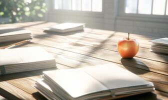 An apple sits on top of a table with open books photo
