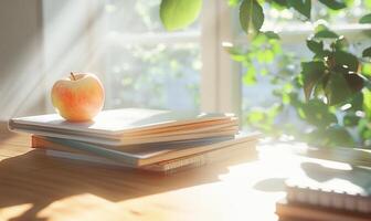 An apple sits on top of a stack of books photo