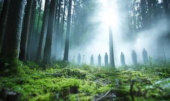 A forest with trees and fog photo