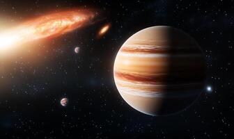 An artist's rendering of a planet and its two moons photo