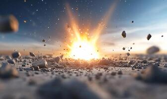An explosion is seen in the sky with rocks and rocks photo