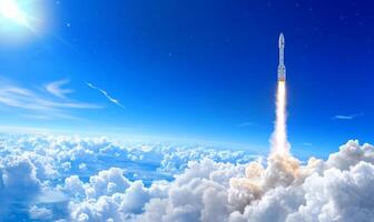 A rocket is taking off into the sky photo