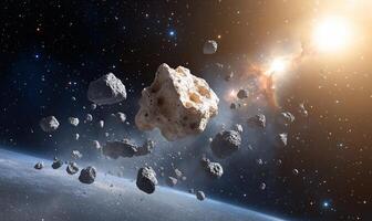 An asteroid is seen in space with a bright light photo