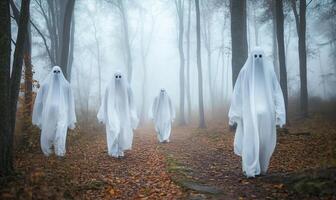 Halloween ghost walking in the forest photo