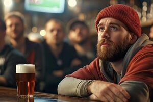 A man with a beard and red hat sitting at a bar with a beer photo