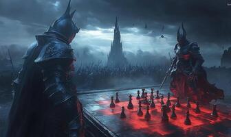 Two men in black armor playing chess in front of a castle photo