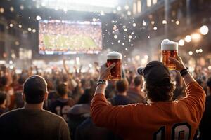 A man holding up two beers at a football game photo
