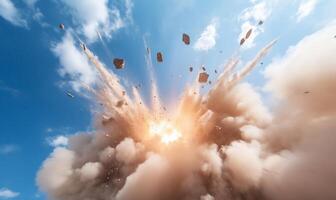 An explosion is shown in the sky with smoke coming out photo