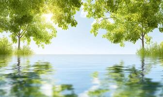 A lake with trees and grass on the shore photo