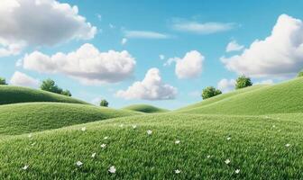 3d rendering of a grassy hill with trees and clouds photo