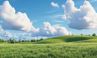 A green field with clouds and trees photo