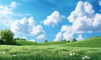 A beautiful green field with trees and clouds photo