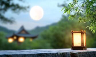 A lantern is sitting on a stone wall in front of a bamboo tree photo
