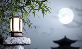 A lantern is sitting on a stone wall with a bamboo tree in the background photo