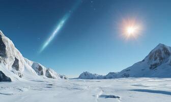 A scene of a mountain range with a bright sun photo