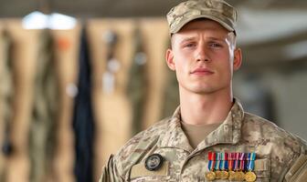 A soldier in uniform with medals on his chest photo