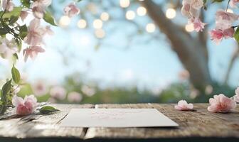 A card with a message on a wooden table under a tree with pink flowers photo
