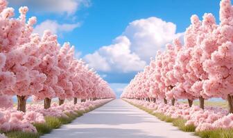 A path lined with pink trees in a field photo