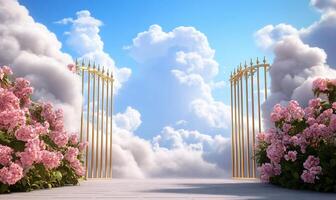 An open gate with flowers and clouds in the background photo