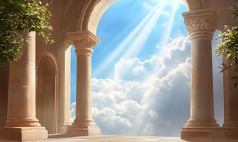 An archway with pillars and a sky view photo
