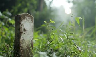 A grave marker in the grass with a tree in the background photo