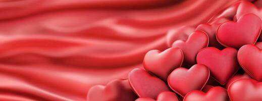 A collection of red hearts on a soft, flowing red background. photo