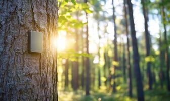 A device mounted on a tree in a sunlit forest setting. photo