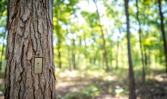 A tree with a switch plate in a sunlit forest setting. photo