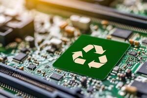 A circuit board featuring a green recycling symbol for electronic waste. photo