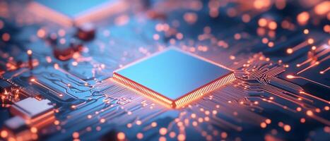 Close-up of a microchip on a circuit board with glowing connections. photo