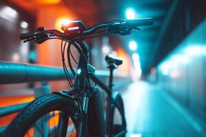 A bicycle parked in a dimly lit urban setting with colorful lights. photo