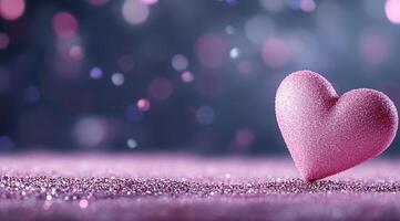 A sparkling pink heart on a shimmering surface, evoking love and joy. photo