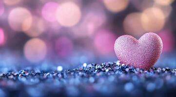 A glittery pink heart on a sparkling surface with a bokeh background. photo