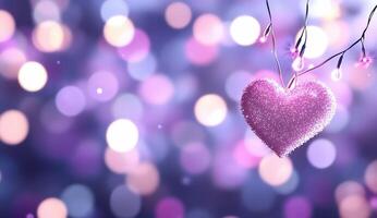 A sparkling pink heart hangs against a dreamy bokeh background. photo