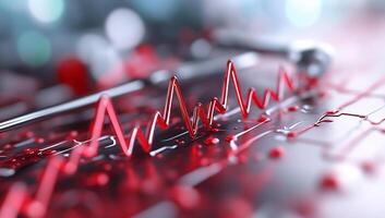 A close-up of a red heartbeat line on a reflective surface. photo