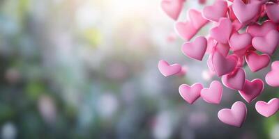 A soft-focus background with floating pink hearts, symbolizing love. photo