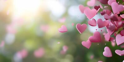 A dreamy scene of pink hearts floating in a soft, blurred background. photo