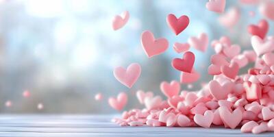 A whimsical scene of floating pink hearts above a pile of heart shapes. photo