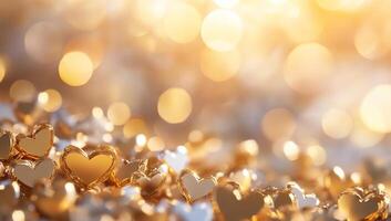 A shimmering background of heart-shaped decorations in soft focus. photo