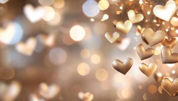 A dreamy background with golden hearts and soft bokeh lights. photo