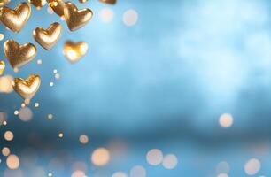 A dreamy background with golden hearts and soft bokeh lights. photo