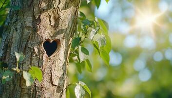 A tree with a heart-shaped hole, surrounded by green leaves and sunlight. photo