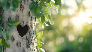 A heart-shaped hollow in a tree trunk surrounded by green leaves. photo