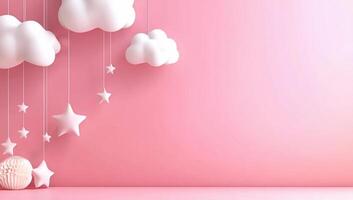 Soft pink background with hanging clouds and stars for a dreamy atmosphere. photo