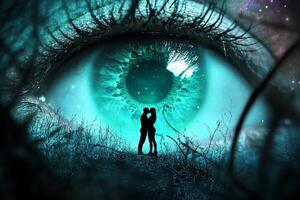A surreal image of a couple framed within a large, vibrant eye. photo
