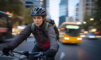 A cyclist navigating a busy urban street with motion blur. photo