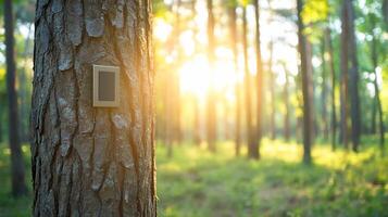 A solar panel affixed to a tree in a sunlit forest setting. photo