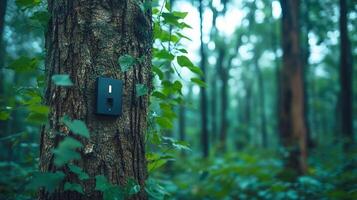 A black device mounted on a tree in a lush, green forest. photo