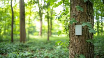 A tree in a forest with a white device attached to its trunk. photo